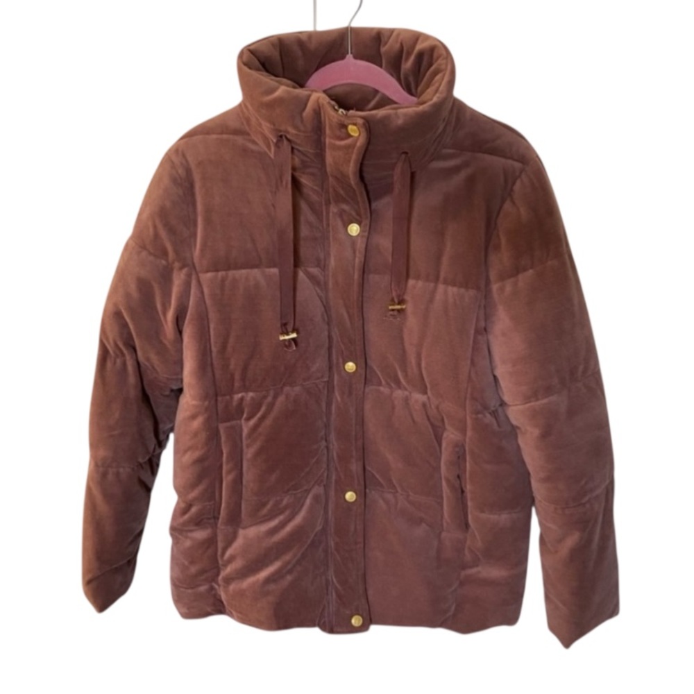 Isaac Mizrahi Taupe Brown Neutral Velvet Funnel Neck Short Puffer Jacket